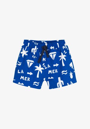 Shorts de bain bleus avec des motifs tropicaux et nautiques blancs, dotés d'une taille élastique et d'un cordon noir pour les ajuster.