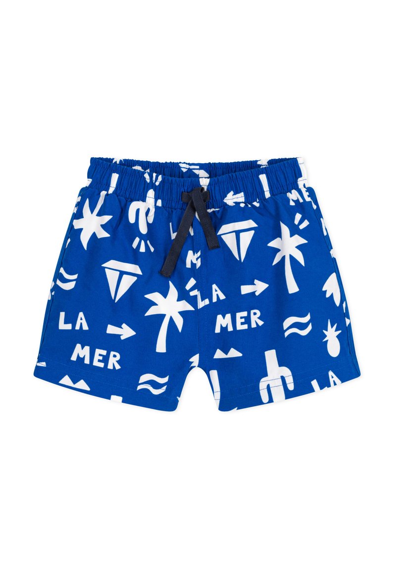 Blaue Badehosen mit weißen tropischen und nautischen Mustern, ausgestattet mit einem elastischen Bund und einem schwarzen Kordelzug zur Verstellung.