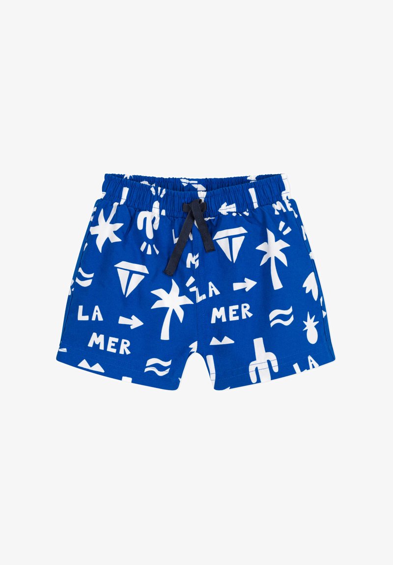 Blauwe zwemboxers met witte tropische en nautische patronen, voorzien van een elastische tailleband en een zwarte trekkoord voor aanpassing.