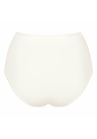 Hoch taillierte, weiße nahtlose Unterwäsche mit glatter Textur und abgerundeter Form, die ein minimalistisches Design ohne sichtbare Verschlüsse aufweist.