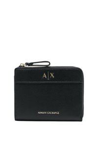 Portafoglio in pelle nera di Armani Exchange con hardware dorato, caratterizzato da un logo frontale, chiusura con zip e tracolla. Finitura testurizzata.