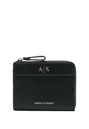 Portafoglio in pelle nera di Armani Exchange con hardware dorato, caratterizzato da un logo frontale, chiusura con zip e tracolla. Finitura testurizzata.