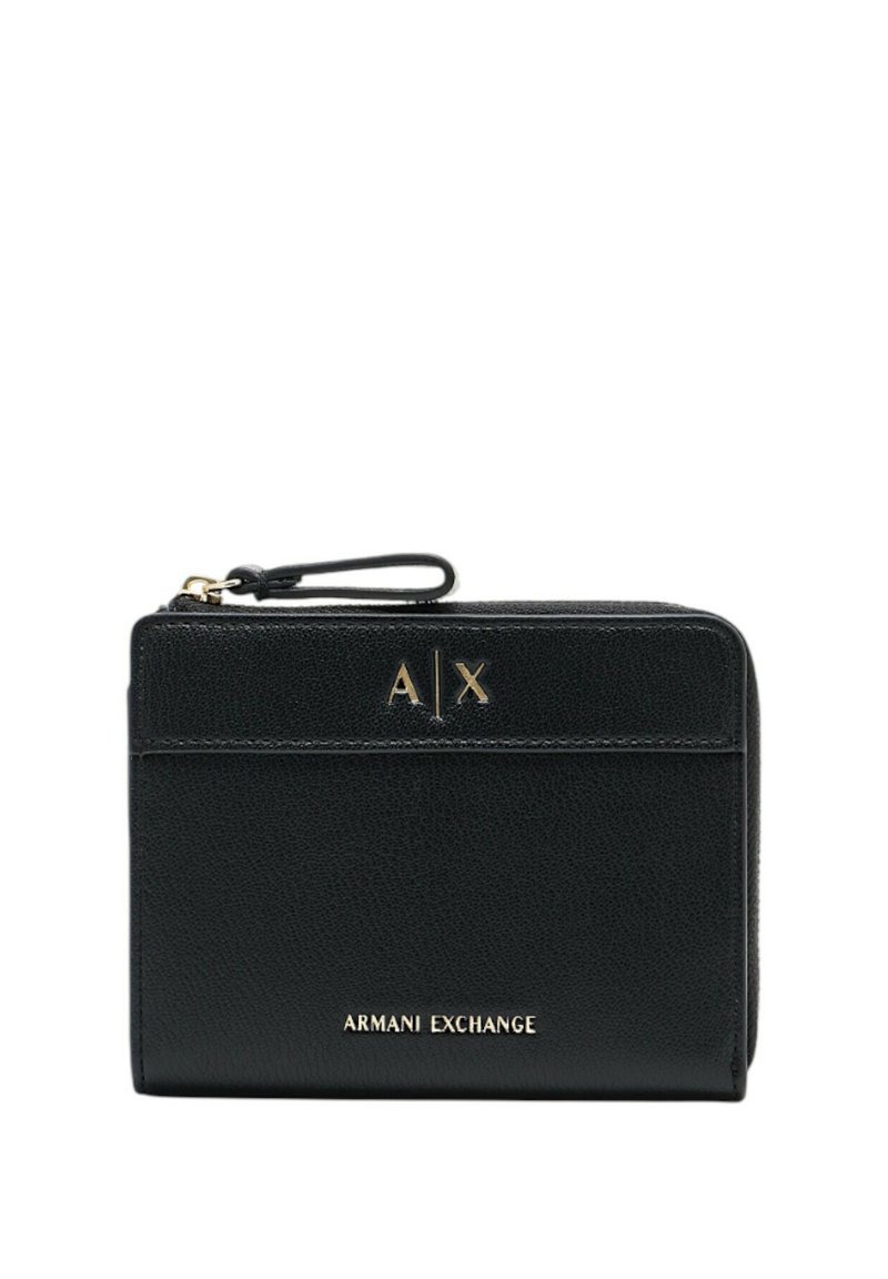 Portafoglio in pelle nera di Armani Exchange con hardware dorato, caratterizzato da un logo frontale, chiusura con zip e tracolla. Finitura testurizzata.