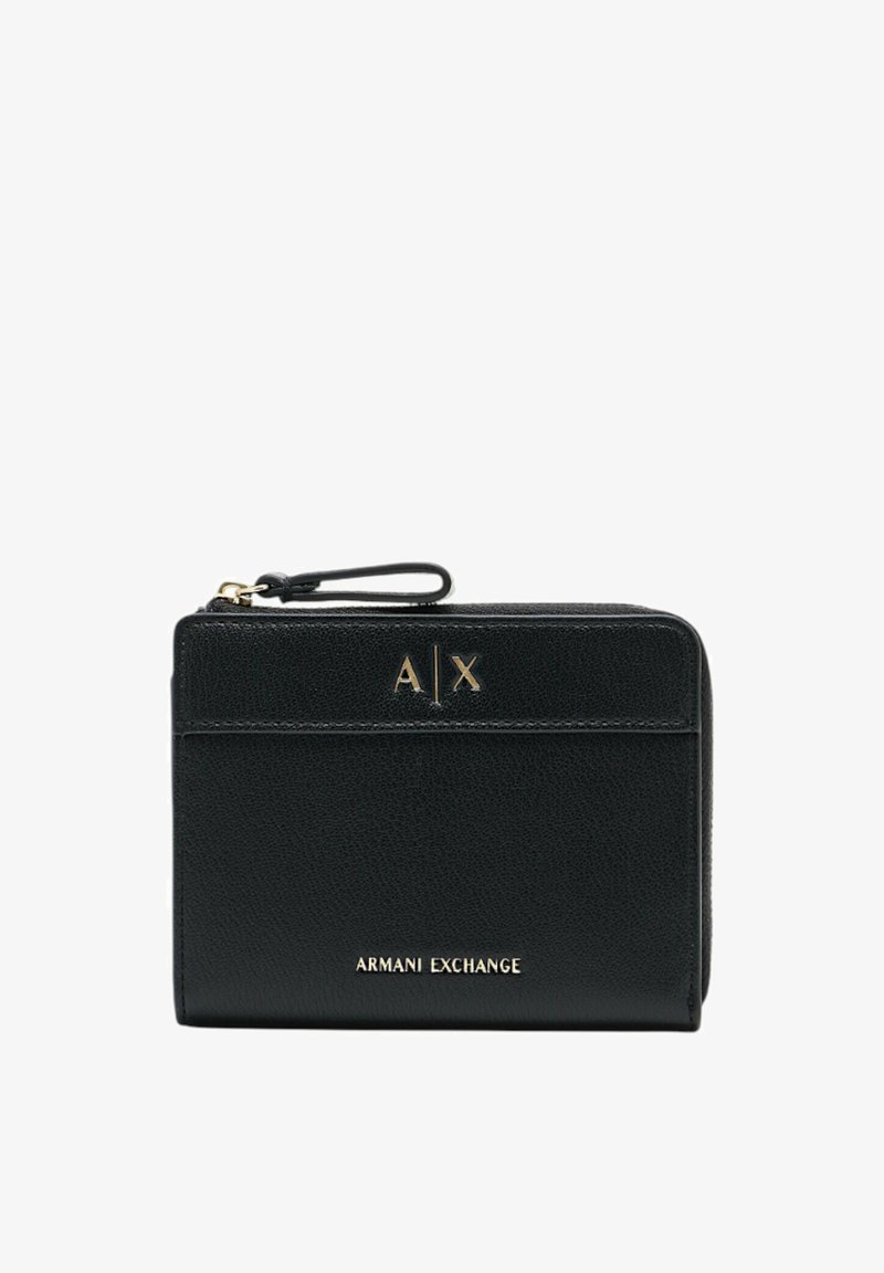 Portafoglio in pelle nera di Armani Exchange con hardware dorato, caratterizzato da un logo frontale, chiusura con zip e tracolla. Finitura testurizzata.