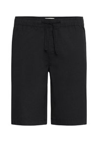 Pantalones cortos negros hechos de una tela ligera con una cintura elástica y cordón. Tienen un corte recto y no presentan patrones visibles.
