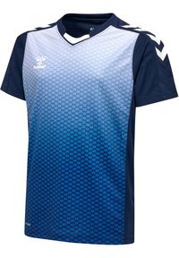 Blå gradient sports jersey med v-hals, korte ærmer og geometrisk mønsterdesign. Lavet af åndbart stof med kontrasterende mørke accenter.