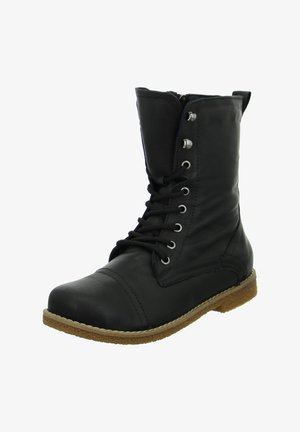 Black leather lace-up boots with a rounded toe, zip closure, and rubber sole. Features metal eyelets and stitching accents along the sides.