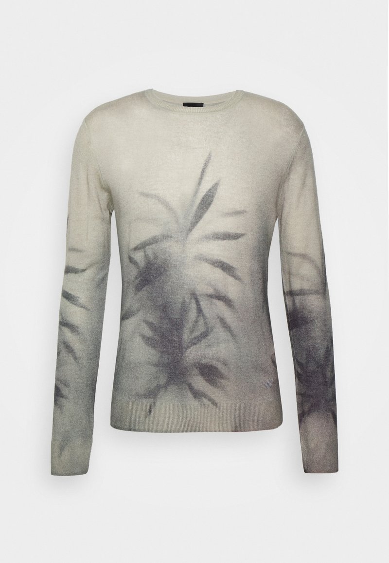 Pull gris clair à manches longues avec imprimé abstrait de feuilles gris foncé sur le devant et les manches, col rond, poignets et ourlet côtelés.