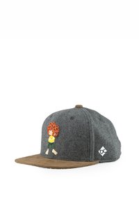 Gray felt snapback cap with brown suede brim. Features an embroidered cartoon character in red and yellow. Side logo in white.