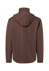Bruine waterdichte jas, ontworpen met een capuchon, elastische manchetten en een gladde textuur. De achterkant is ongeversierd voor een nette uitstraling.