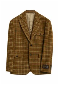 Männlicher brauner und orange karierten Wollblazer mit Notch-Revers, zwei schwarzen Knöpfen, drei eingreifbaren Taschen und einem Etikettaufnäher am Ärmel.