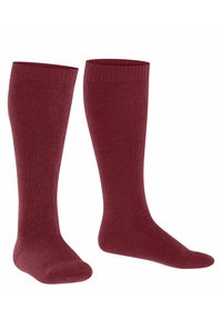 Kniestrümpfe in Burgunderrot, mit einem gerippten Bündchen und einem glatten, strukturierten Strickmuster am gesamten Bein. Ideal für Wärme und Komfort.