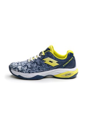 Navy and yellow sports shoe with white laces, patterned upper, cushioned sole, and brand logo on side and heel area.