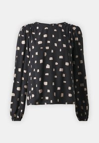 Černá blůza s dlouhými rukávy, ve volném střihu, se nařasenými rameny a smetanovým abstraktním čtvercovým vzorem po celé ploše.