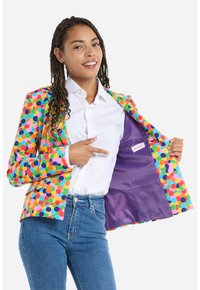 Colorful polka dot blazer with a vibrant multicolored exterior, contrasting purple lining, and interior pocket label. Button closure, notched lapels.