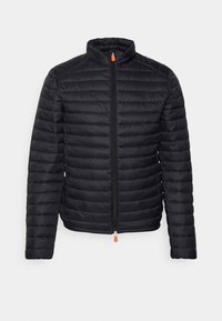 Schwarze gepolsterte Jacke mit hohem Kragen, Frontreißverschluss mit orangem Zugband und gestepptem Muster. Leicht und tailliert.