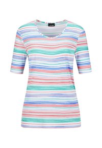 Gestreepte T-shirt met korte mouwen en een ronde halslijn. Kenmerkt zich door horizontale lijnen in rood, groen, blauw en wit. Zacht materiaal.