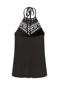 Black halter top featuring a lace back design with intricate patterns, relaxed fit, and a gently flared shape. Soft fabric texture.