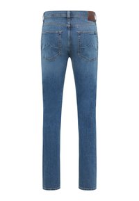 Blue denim jeans with a straight cut, featuring two back pockets with a mountain-shaped design and a brown leather label on the waistband.