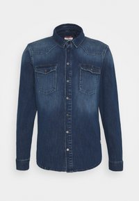 Dark blue denim shirt with a collar, long sleeves, two chest pockets, and metal buttons. Features a classic cut and contrasting stitching.