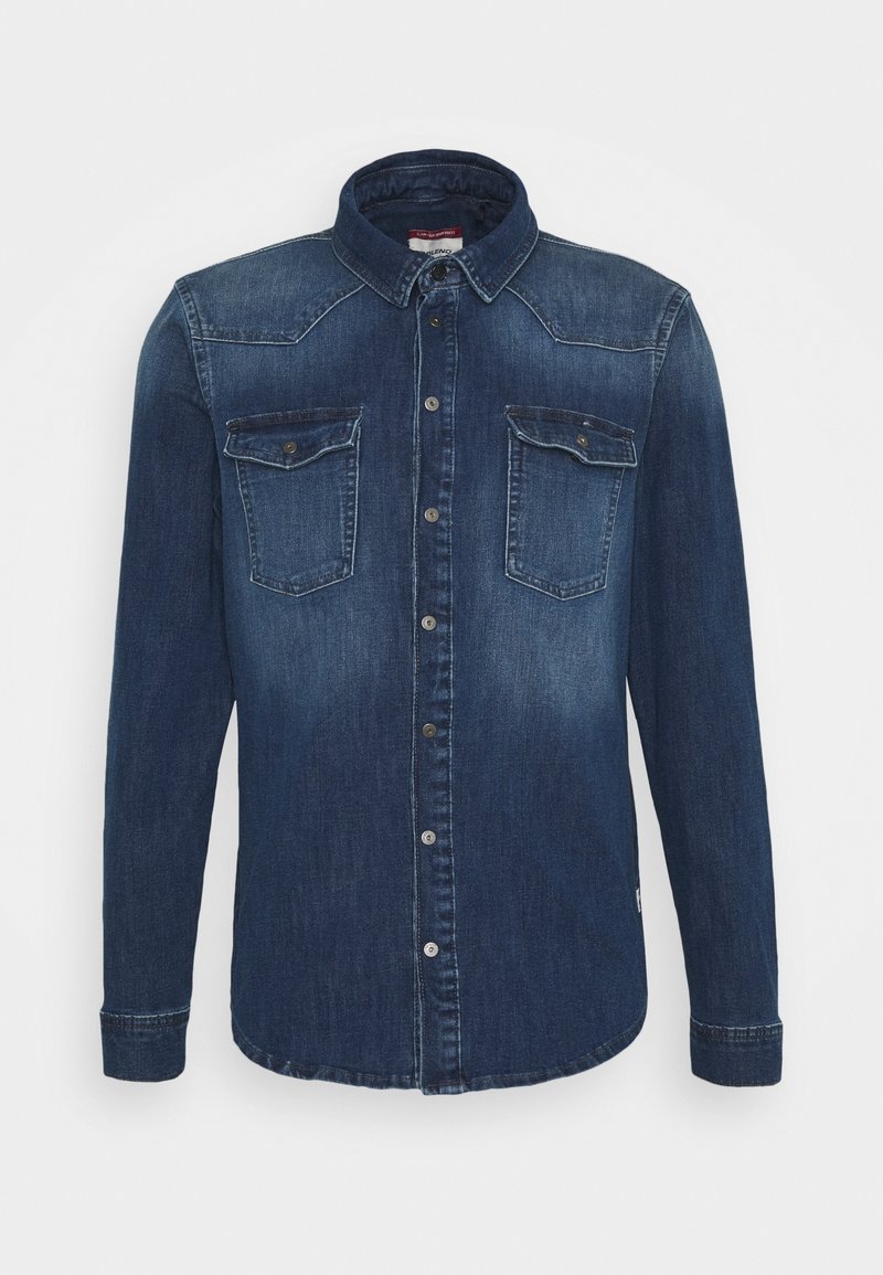 Dark blue denim shirt with a collar, long sleeves, two chest pockets, and metal buttons. Features a classic cut and contrasting stitching.