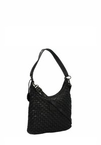Borsa a tracolla in pelle intrecciata nera con una forma curva, manico superiore e tracolla regolabile. Presenta una texture liscia e accenti sottili.