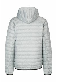 Hellgraue Daunenjacke mit Kapuze, mit gestepptem Textur und elastischen Bündchen. Keine Frontöffnung oder sichtbare Logos.