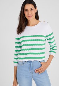 Witte gebreide trui met groene horizontale strepen en golfpatronen, ronde halslijn en decoratieve knopen op de schouder. Gecombineerd met blauwe jeans.