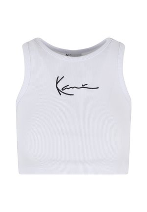 Hvid ribstrikket cropped top med rund halsudskæring og sort broderet logo foran. Tætsiddende pasform, der sidder tæt til kroppen.