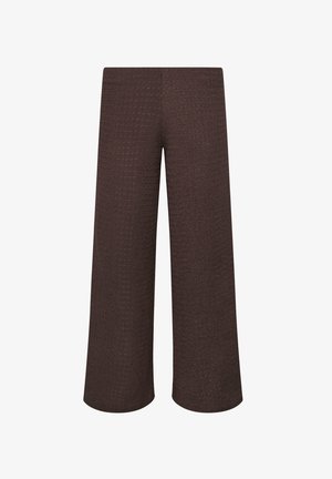 Pantalon marron à jambes larges avec un motif texturé subtil et taille haute, présenté sur fond blanc uni.
