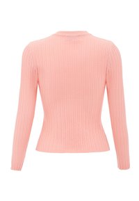 Langærmet, ribbet sweater i blødt pink stof. Har en kropsnær silhuet og rund hals. Glat tekstur med subtilt mønster.