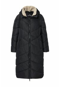Giacca a vento nera con cappuccio, dotata di foderato in pile testurizzato, chiusura con zip e cuciture a zig-zag diagonali. Inclusi due tasche laterali.