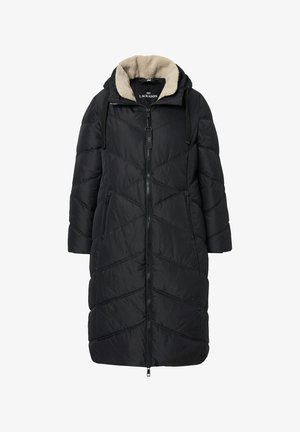 Zwarte pufferjas met een capuchon, voorzien van een textuurfleece voering, ritssluiting en diagonale chevronstiksels. Inclusief twee zijzakken.