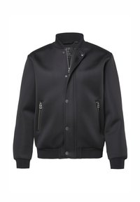 Bomber nero in tessuto liscio con collo alto, chiusura frontale a scatto e due tasche laterali con zip. Polsini e orlo a costine.