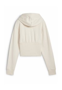 Cropped crèmekleurige hoodie gemaakt van gladde stof, voorzien van een capuchon, lange mouwen en een geribde taille voor een aangesloten pasvorm.