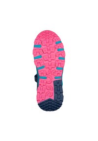 Sport shoe sole featuring a rubber tread. Colors include pink, navy, and teal. Notable for its textured pattern and sturdy design.