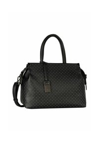Sac à main noir texturé avec de petites clous en argent, deux poignées, une bandoulière détachable et une étiquette en métal décorative à l'avant.