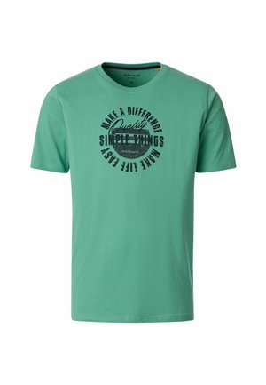 Zielony t-shirt z krótkim rękawem z czarnym okrągłym napisem: "Make a difference, Quality simple things, Make life easy."
