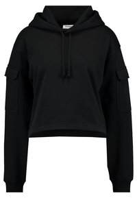Černá zkrácená mikina vyrobená z měkké tkaniny, s velkou kapucí, stahovacími šňůrkami a dvěma bočními kapsami na rukávech.