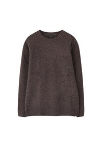 Maglione marrone con texture, colletto rotondo e maniche lunghe. Presenta una vestibilità morbida e un tessuto soffice. Nessun motivo o decorazione visibile.
