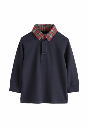 Long-sleeve navy blue polo shirt with red and green plaid collar and two-button placket, shown on a white background.