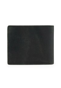 Cartera de cuero negro con una textura suave, forma rectangular y costuras visibles a lo largo de los bordes. Sin patrones visibles ni herrajes.