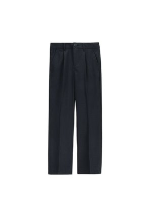 Proste spodnie o prostych nogawkach w kolorze ciemnego granatu, z przednim guzikiem, zamkiem błyskawicznym, szlufkami na pasek i bocznymi kieszeniami, prezentowane na białym tle.