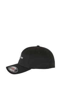 Schwarze Baseballmütze aus strukturiertem Stoff, mit einem gebogenen Schirm und einem sechsteiligen Design, mit aufgesticktem Logo auf der Vorderseite.