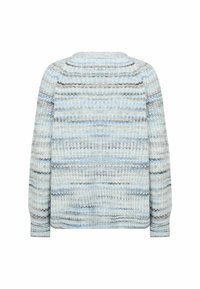 Pulover cu tricot texturat în dungi moi de albastru, gri și alb. Guler rotund și mâneci lungi cu manșete și tiv din tricot.