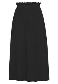 Jupe noire en tissu doux, dotée d'une taille élastique froncée, avec une silhouette fluide et sans motifs ni embellissements visibles.