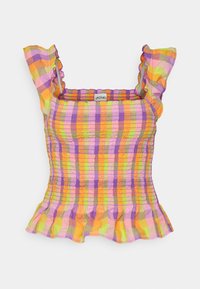 Top franzido com alças de ombro em babados, apresentando um padrão xadrez em roxo, laranja, amarelo e verde em tecido leve.