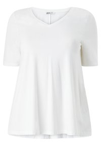 Hvid bomulds T-shirt med V-hals, korte ærmer og en løs pasform. Har en glat tekstur og en buet kant. Ingen synlige mønstre eller metaldele.