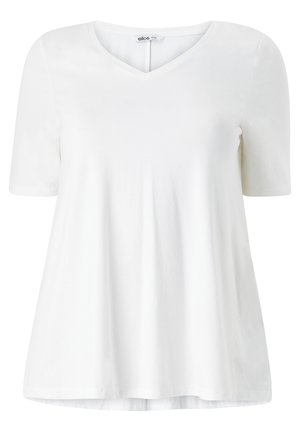 White cotton t-shirt with a V-neck, short sleeves, and a loose fit. Features a smooth texture and a curved hem. No visible patterns or hardware.