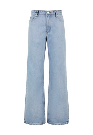 Light blue wide-leg jeans made from denim, featuring a button closure, belt loops, and classic five-pocket design with slightly frayed hems.